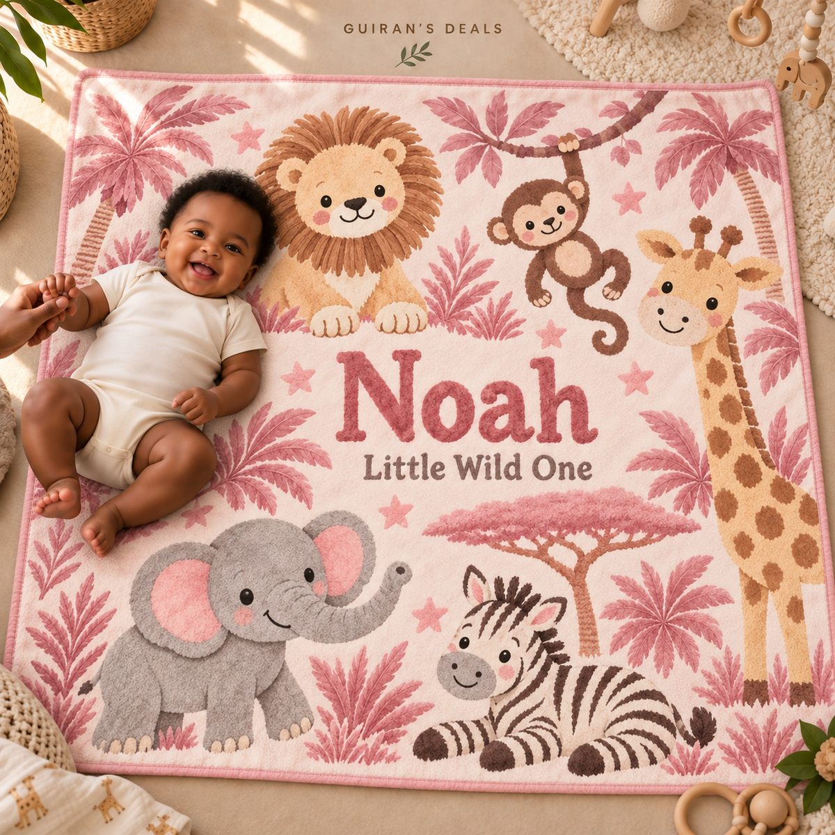 Safari printed fleece baby blanket, pink, sample personalized name Noah