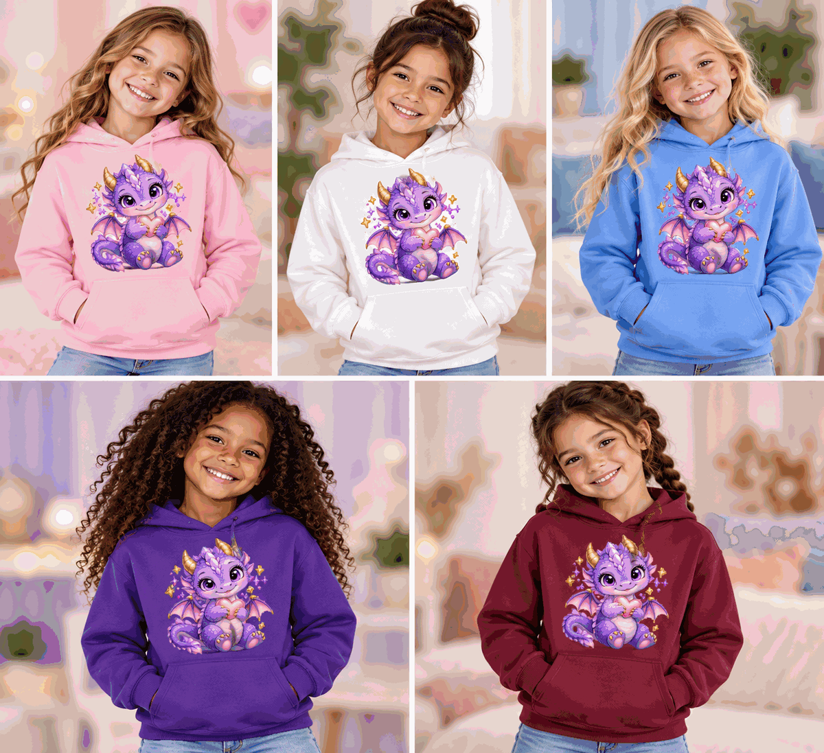 Illustrative mockups of girls wearing purple baby dragon hoodies in Light Pink, White, Carolina Blue, Purple and Maroon