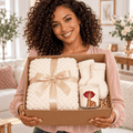 Woman holding Shh Lips self-care gift box — Rose lips candle, ivory blanket and cozy socks