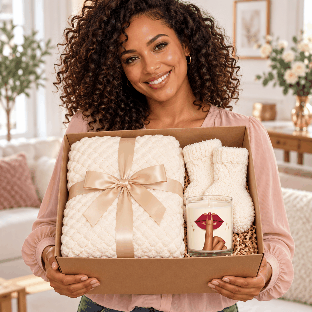 Woman holding Shh Lips self-care gift box — Rose lips candle, ivory blanket and cozy socks