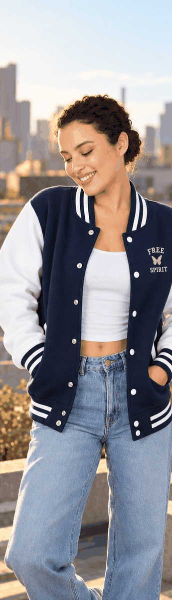 Free Spirit butterfly varsity jacket — Marine Blanc — individual woman lifestyle mockup