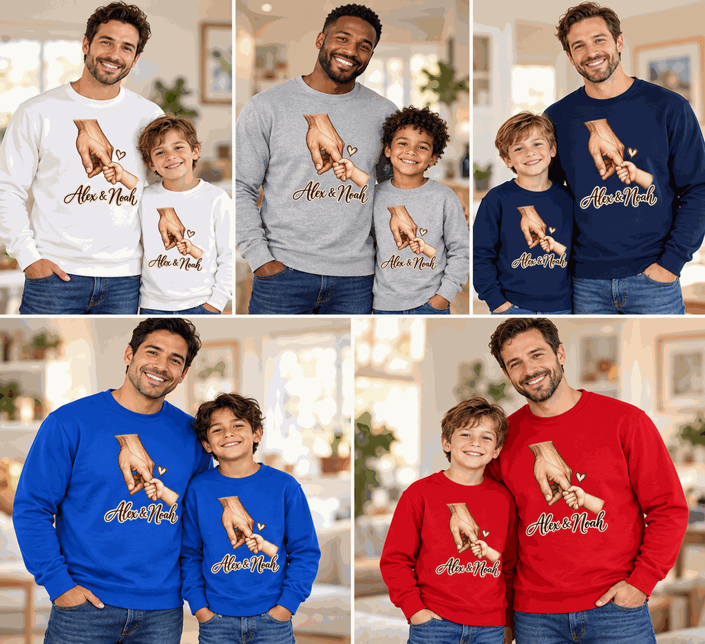 Illustrative mockups: fathers and children in matching holding hands sweatshirts, white, grey, navy, royal and red. Sold separately.