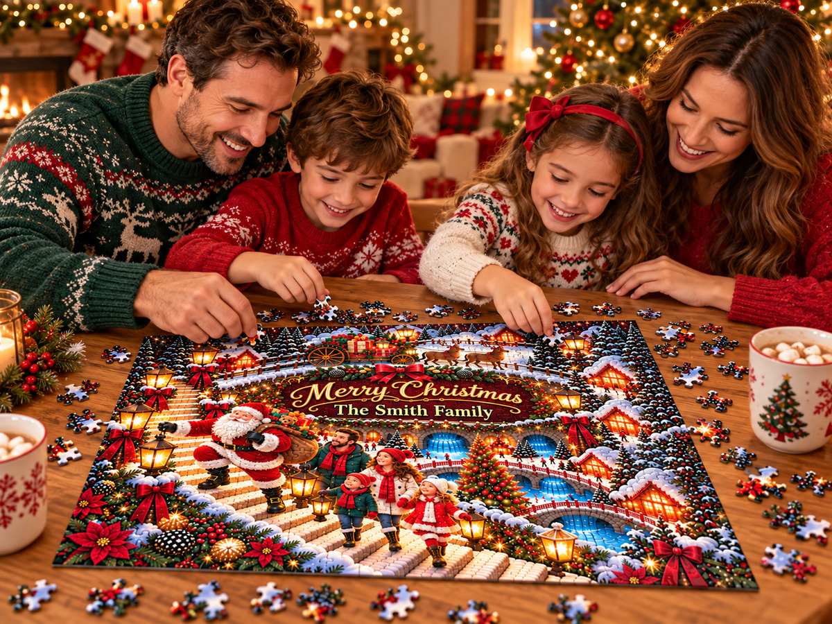Family assembling their personalized Christmas village jigsaw puzzle – illustrative mockup