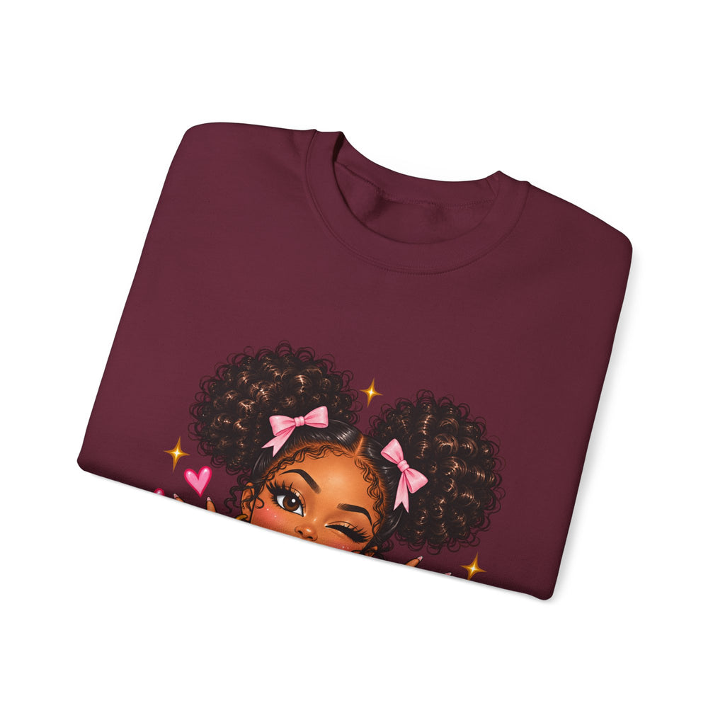 Playful Afro Girl Sweatshirt – Pink Bows & Peace Signs – Adult Crewneck