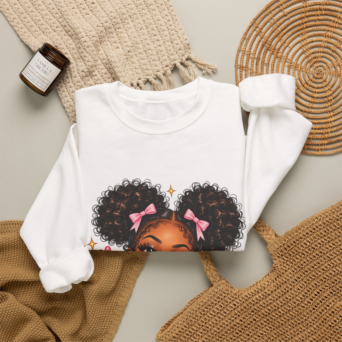 Playful Afro Girl Sweatshirt – Pink Bows & Peace Signs – Adult Crewneck