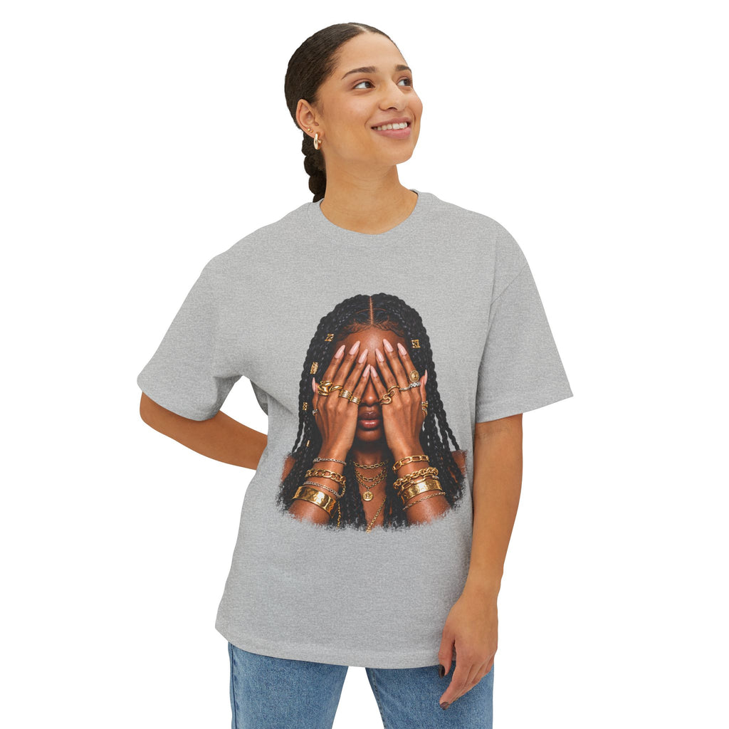 Golden Confidence Oversized Graphic Tee – Braided Woman & Gold Jewelry Print