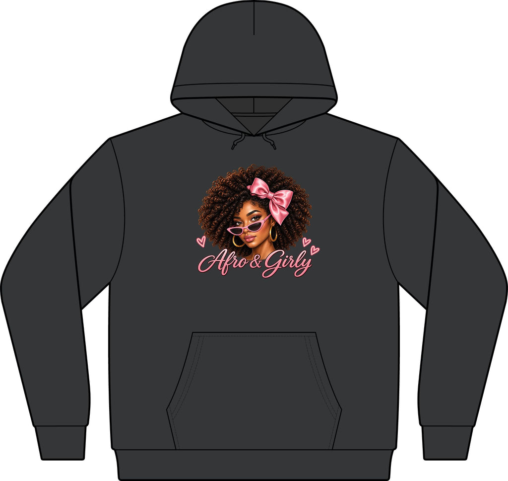 Afro & Girly Camo Hoodie – Pink Bow Portrait – Adult Pullover Sweatshirt