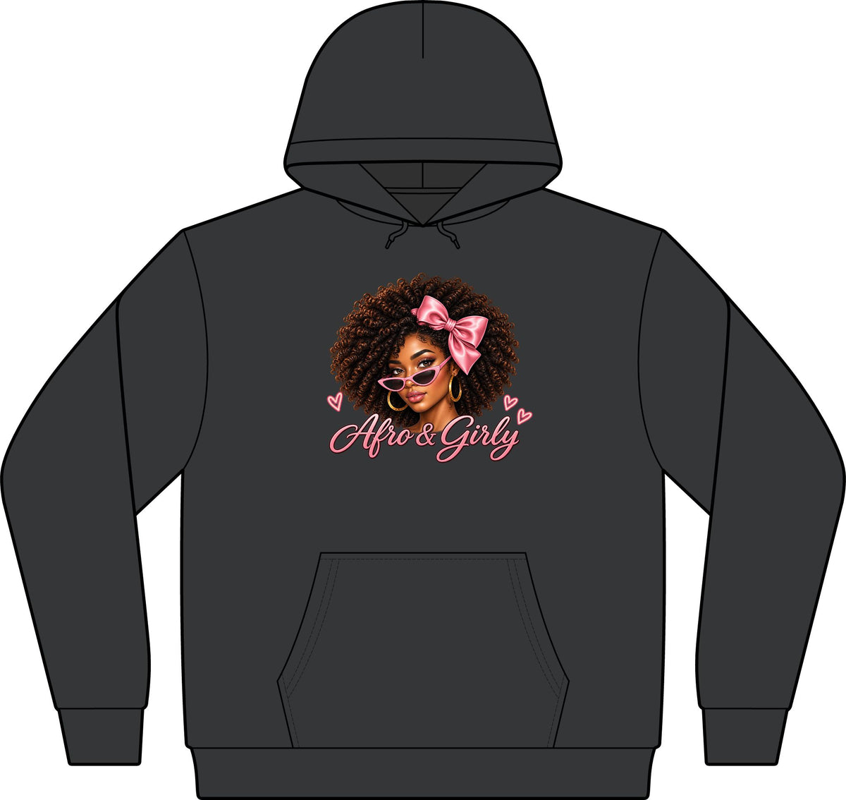 Afro & Girly Camo Hoodie – Pink Bow Portrait – Adult Pullover Sweatshirt
