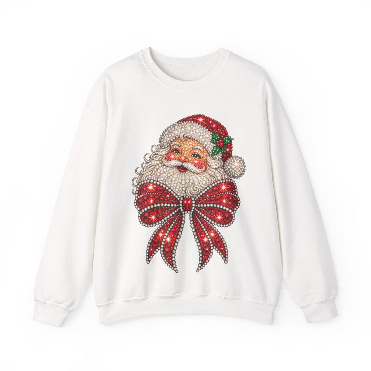 Santa Claus & Big Red Bow Sweatshirt for Women – Printed Rhinestone Effect