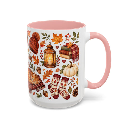 Cozy Autumn Coffee Mug – Sleeping Cat, Books & Fall Leaves, 15oz