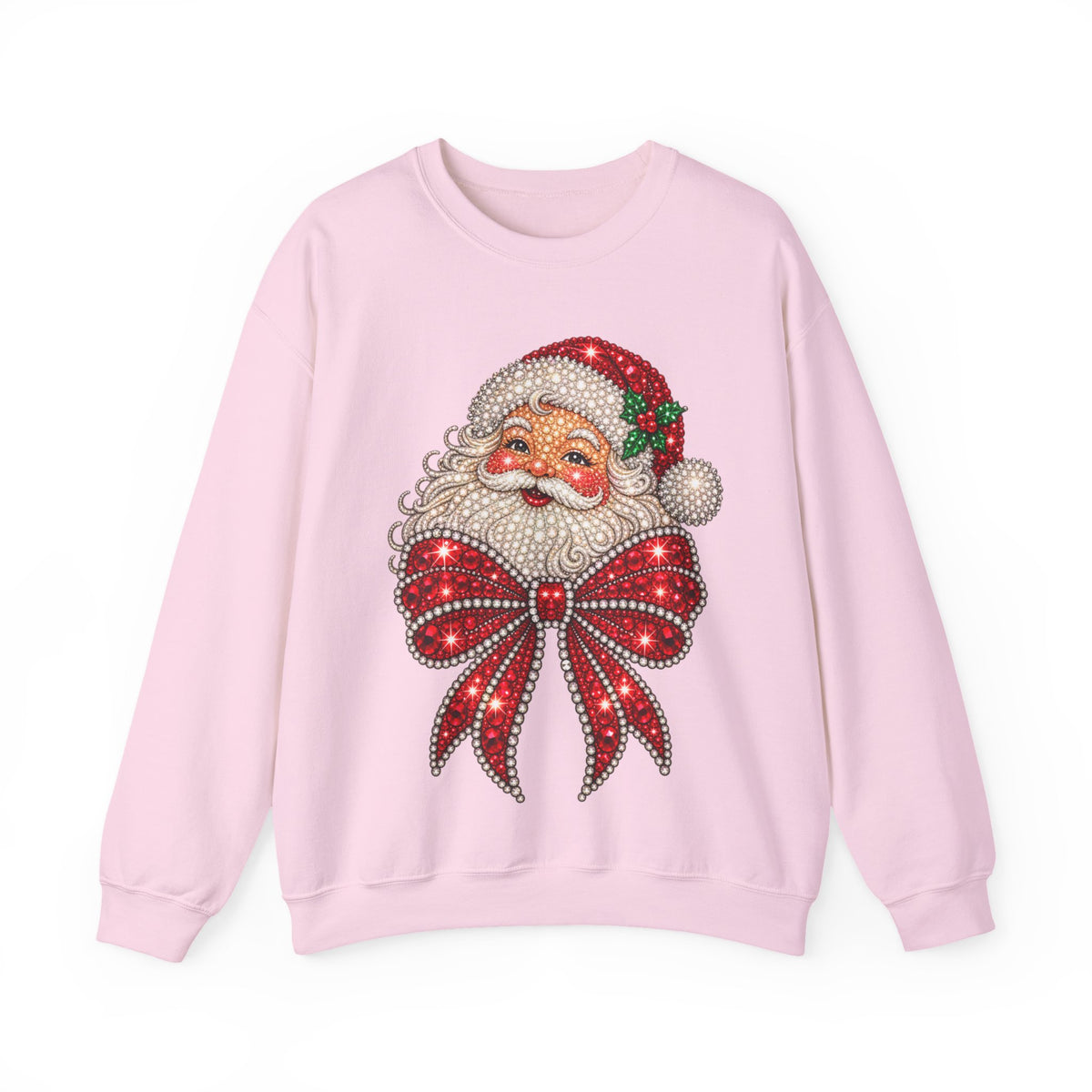 Santa Claus & Big Red Bow Sweatshirt for Women – Printed Rhinestone Effect