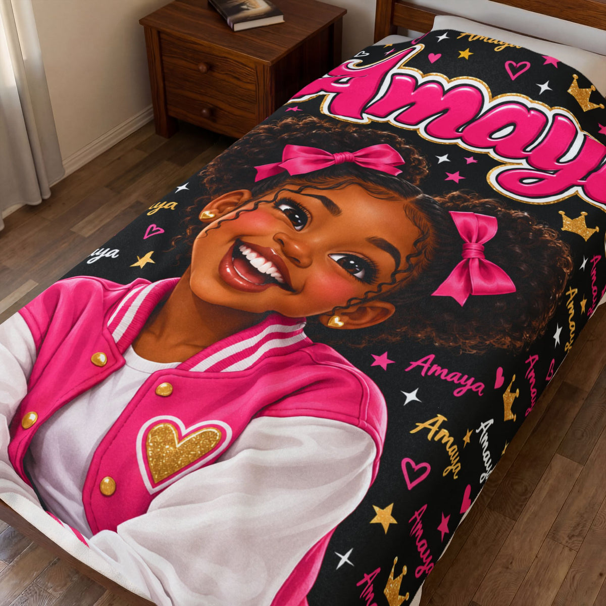 Personalized Girl Portrait Blanket – Custom Photo & Name, Pink and Gold Velveteen Throw