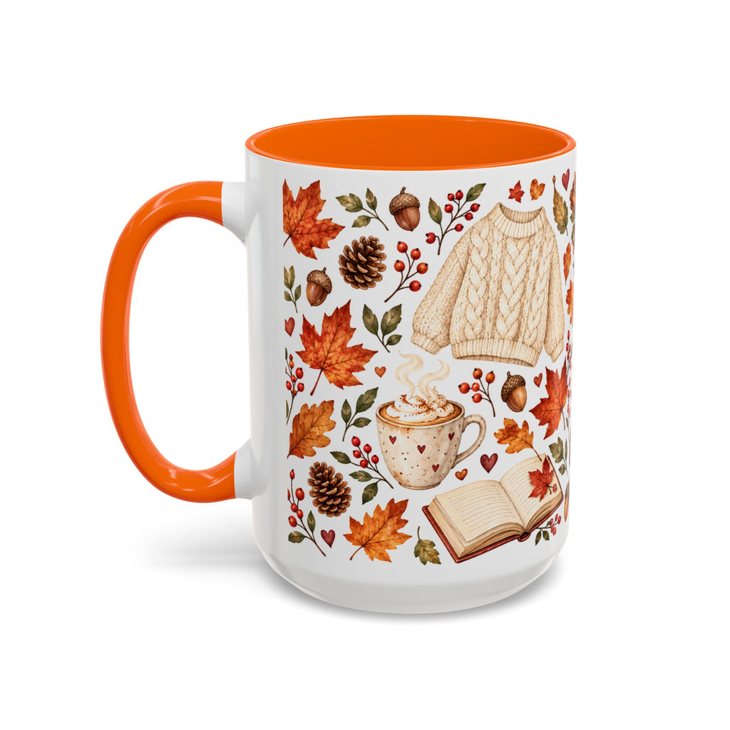 Cozy Autumn Coffee Mug – Sleeping Cat, Books & Fall Leaves, 15oz