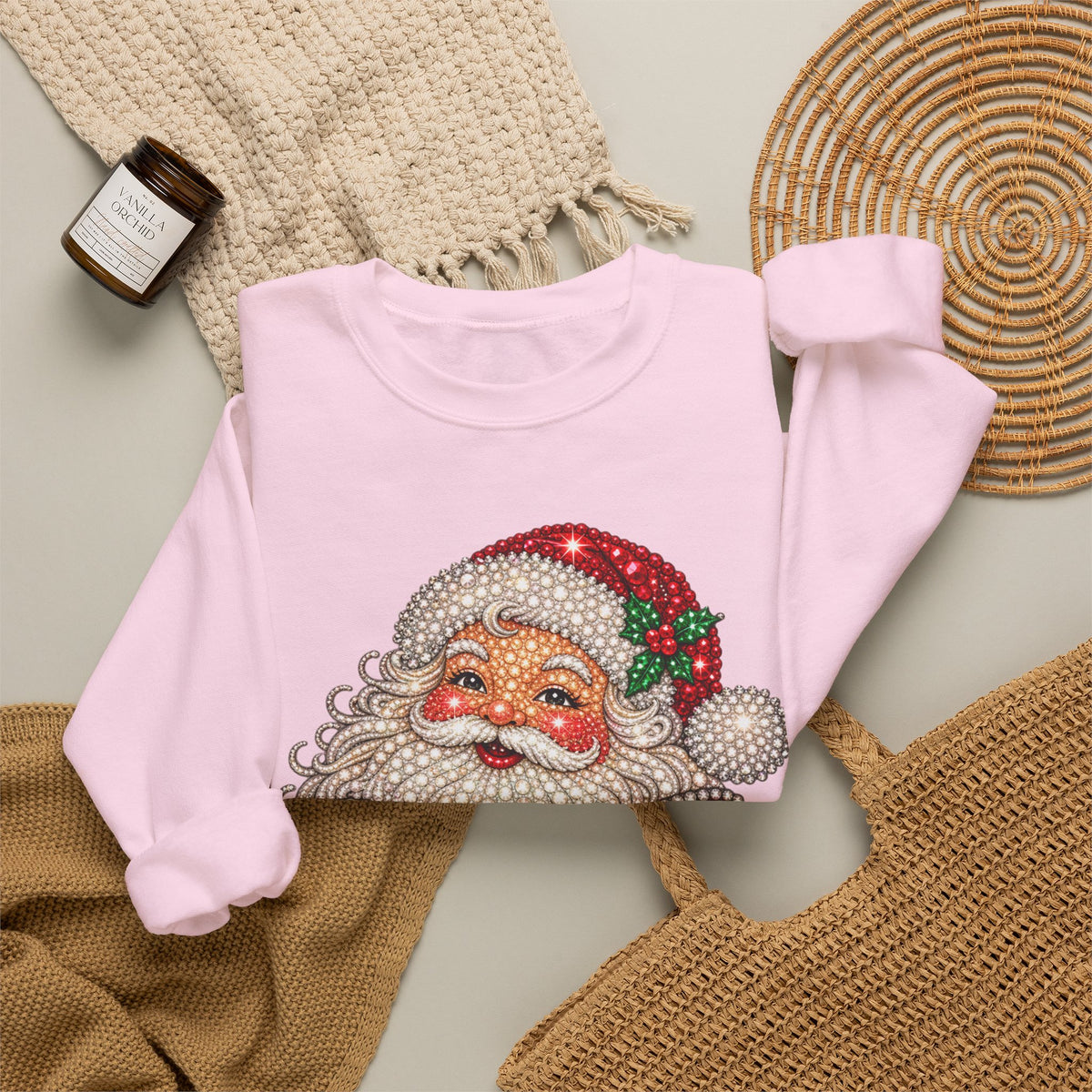 Santa Claus & Big Red Bow Sweatshirt for Women – Printed Rhinestone Effect
