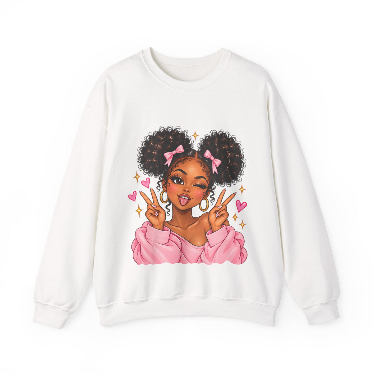 Playful Afro Girl Sweatshirt – Pink Bows & Peace Signs – Adult Crewneck