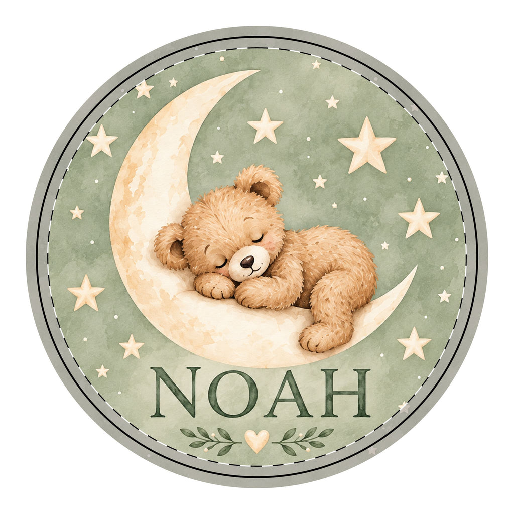 Personalized Moon Teddy Bear Nursery Wood Sign – Sage Green