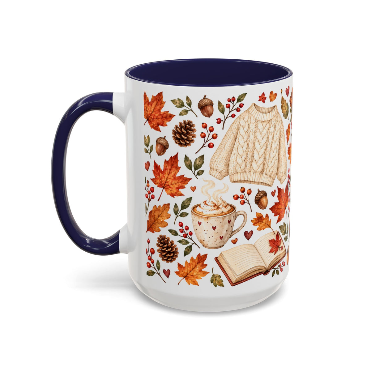 Cozy Autumn Coffee Mug – Sleeping Cat, Books & Fall Leaves, 15oz