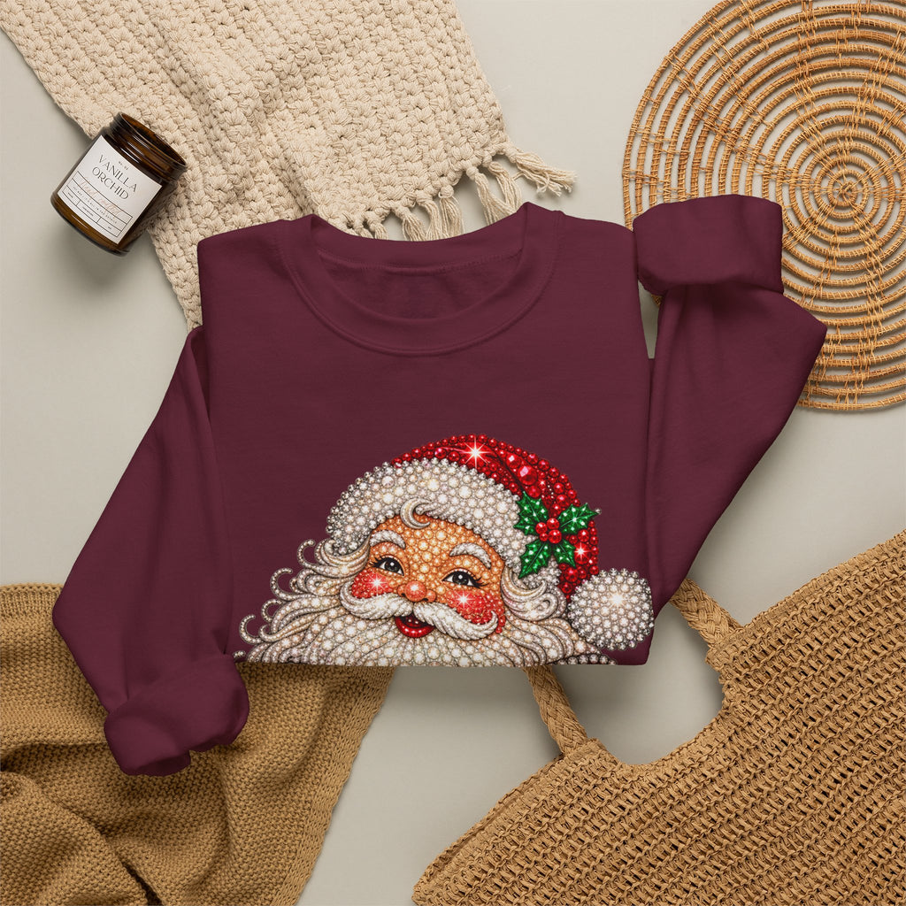 Santa Claus & Big Red Bow Sweatshirt for Women – Printed Rhinestone Effect