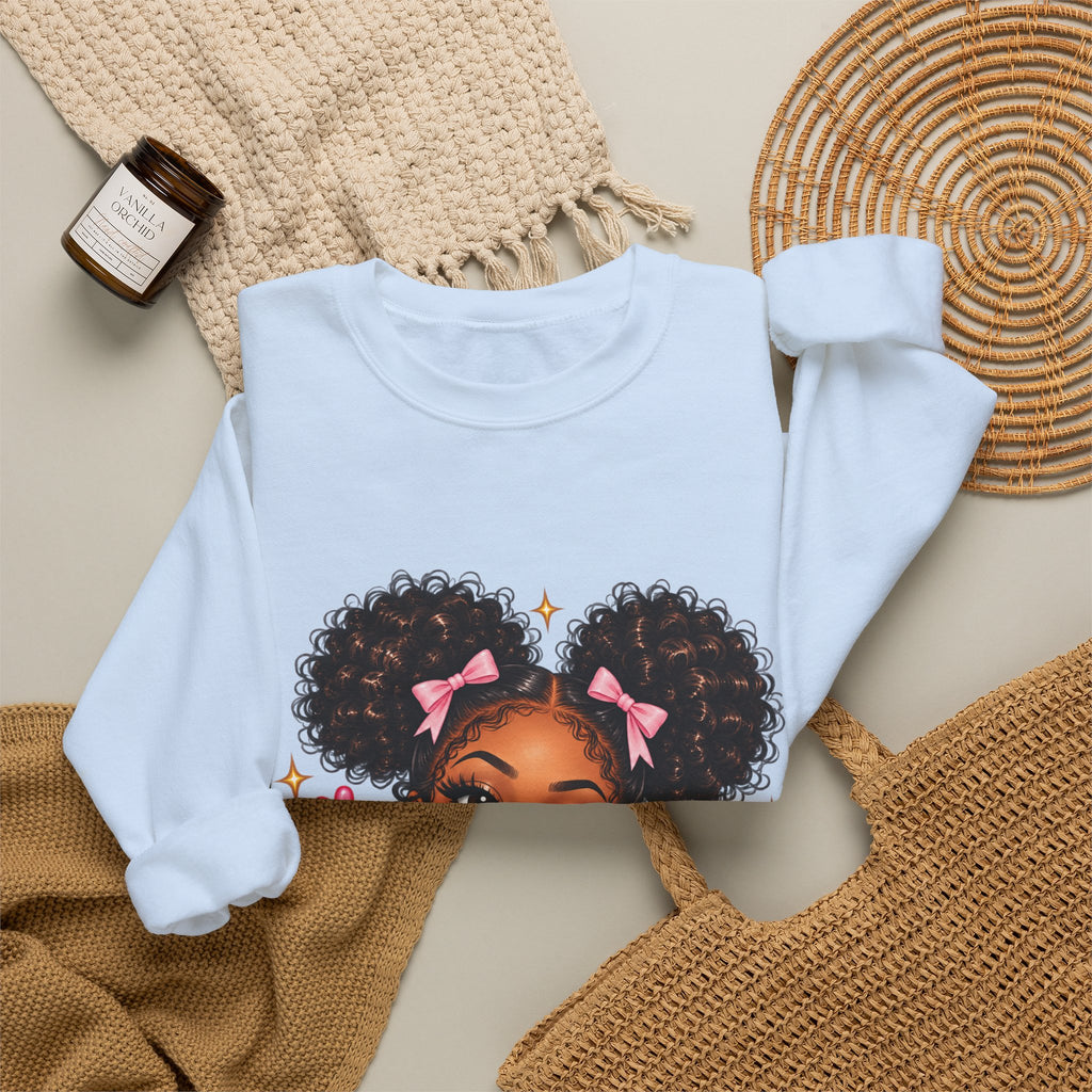 Playful Afro Girl Sweatshirt – Pink Bows & Peace Signs – Adult Crewneck