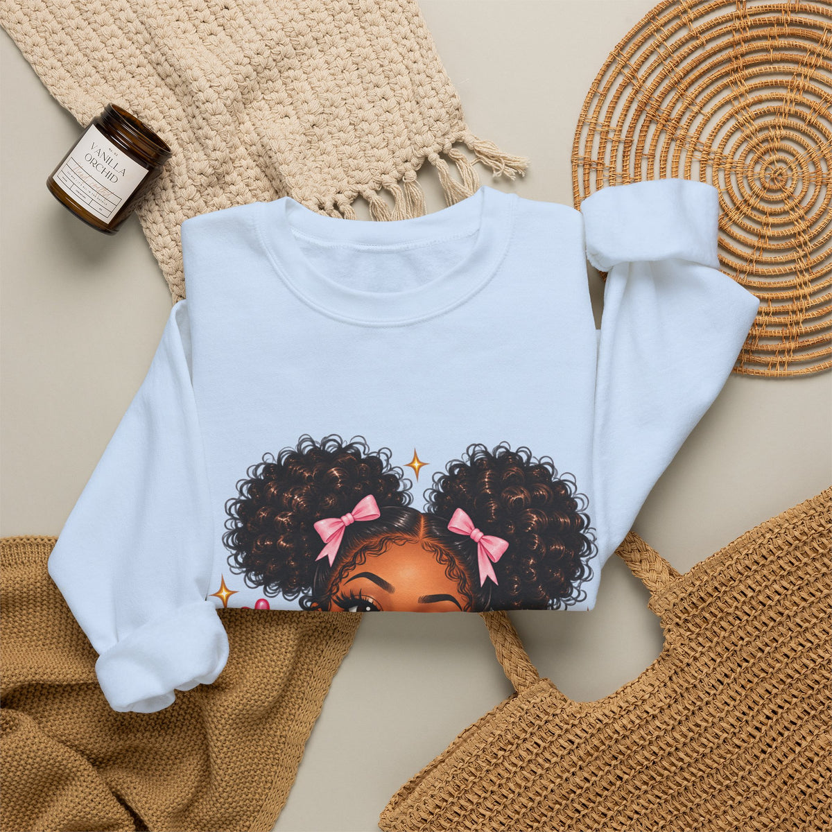 Playful Afro Girl Sweatshirt – Pink Bows & Peace Signs – Adult Crewneck