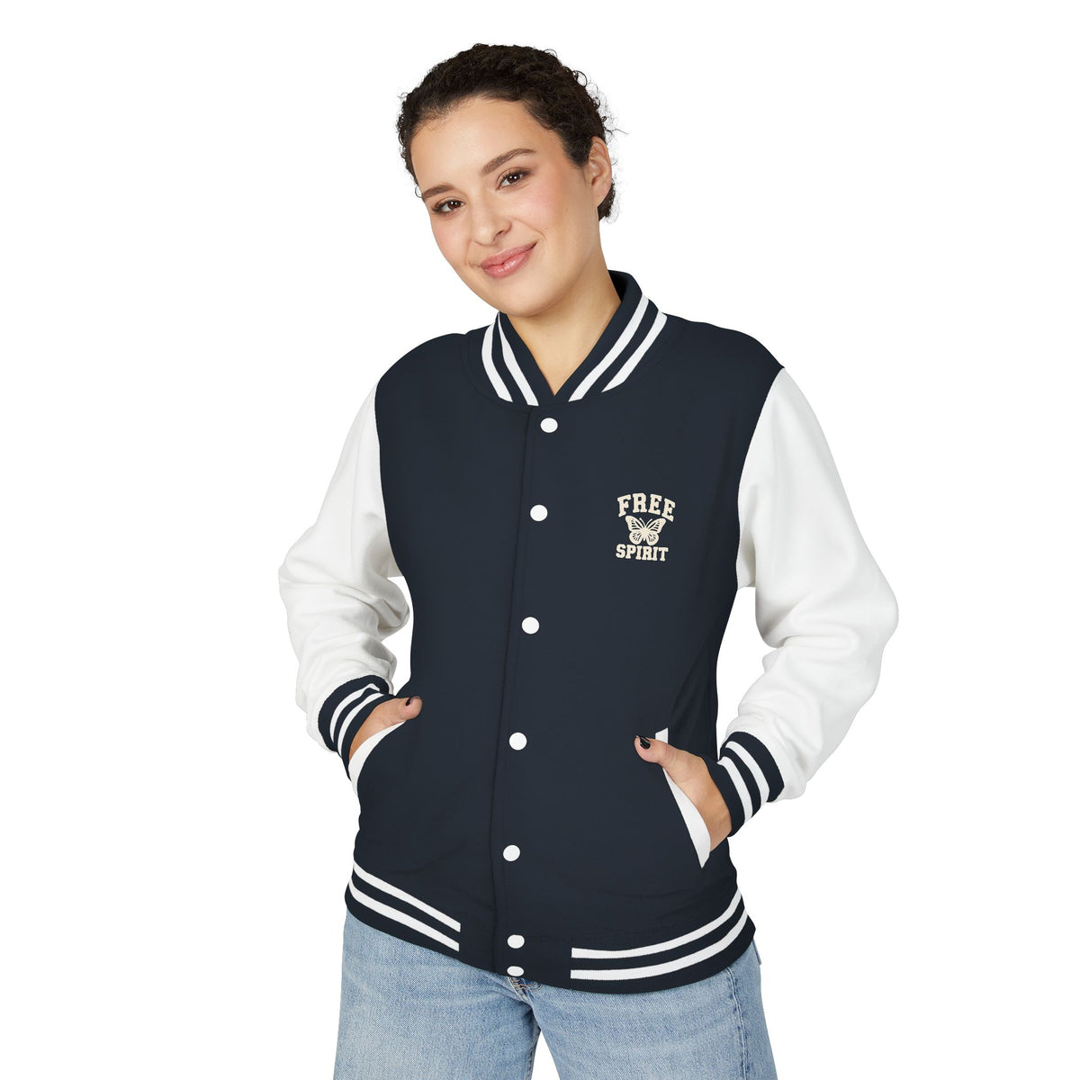 Free Spirit Butterfly Varsity Jacket – Women’s Collegiate Style Letterman Jacket