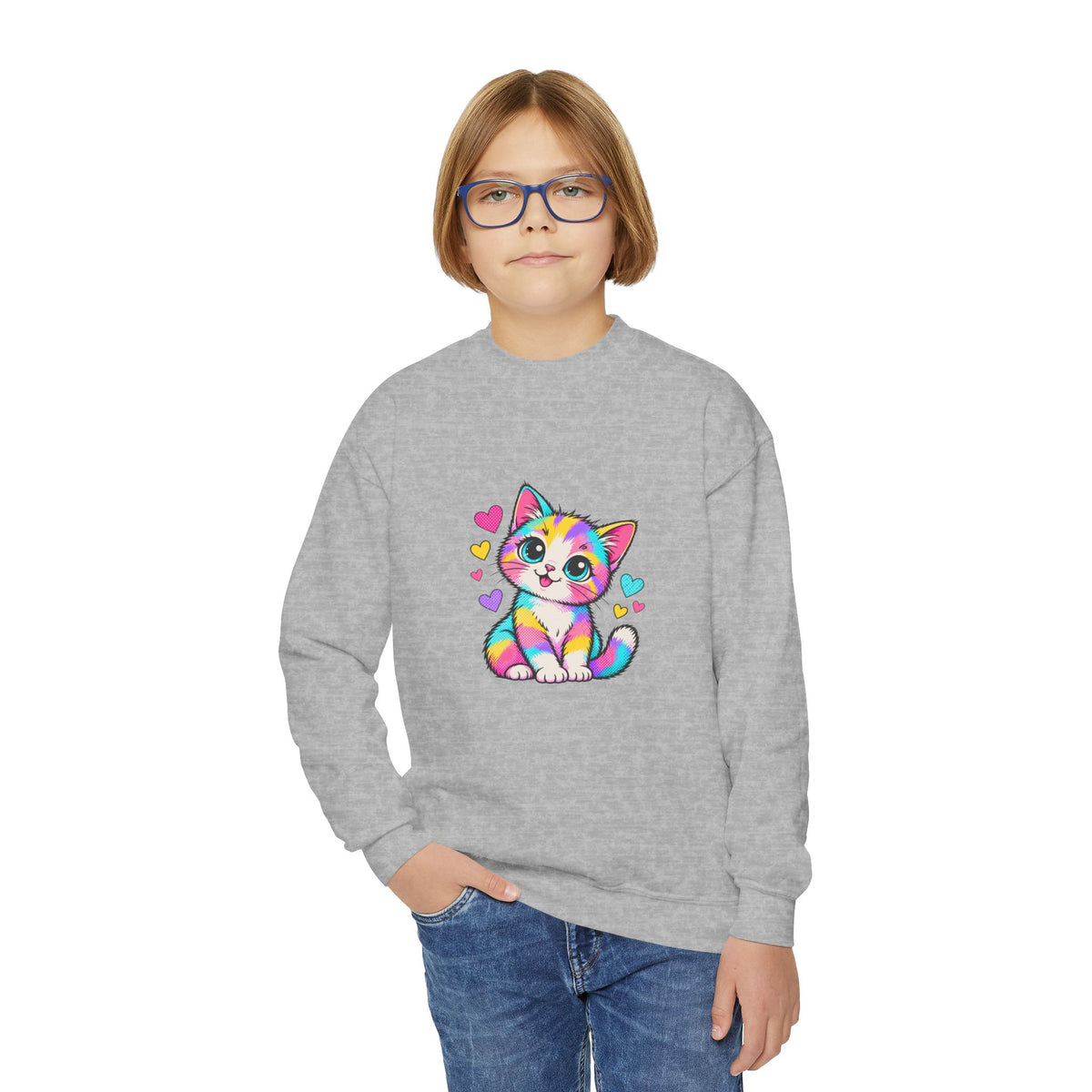 Cute Pop Art Kitten Kids Sweatshirt – Colorful Cat & Hearts
