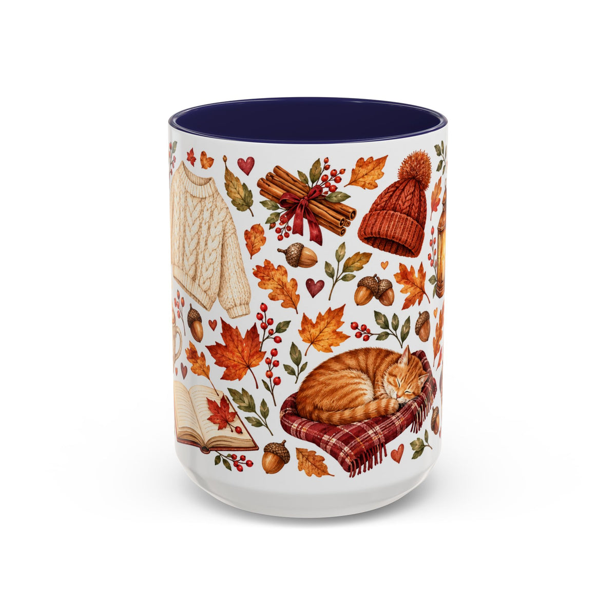 Cozy Autumn Coffee Mug – Sleeping Cat, Books & Fall Leaves, 15oz