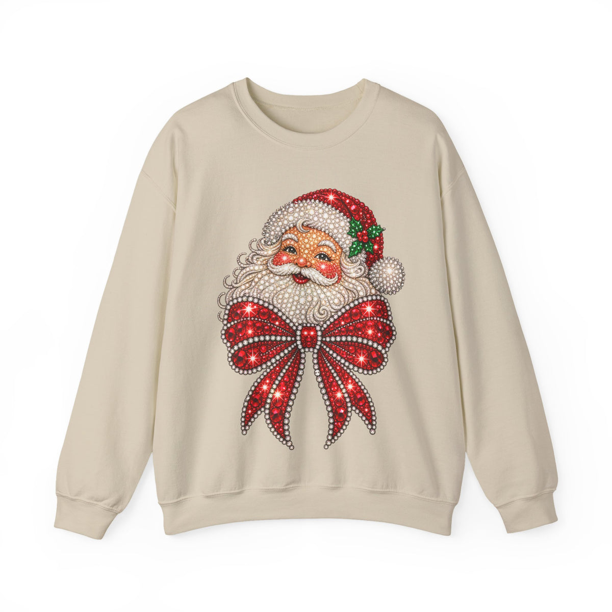 Santa Claus & Big Red Bow Sweatshirt for Women – Printed Rhinestone Effect