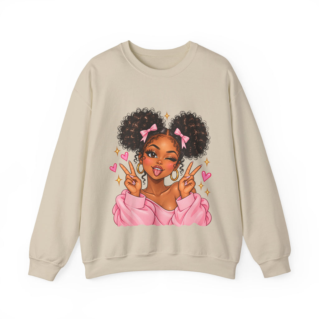 Playful Afro Girl Sweatshirt – Pink Bows & Peace Signs – Adult Crewneck