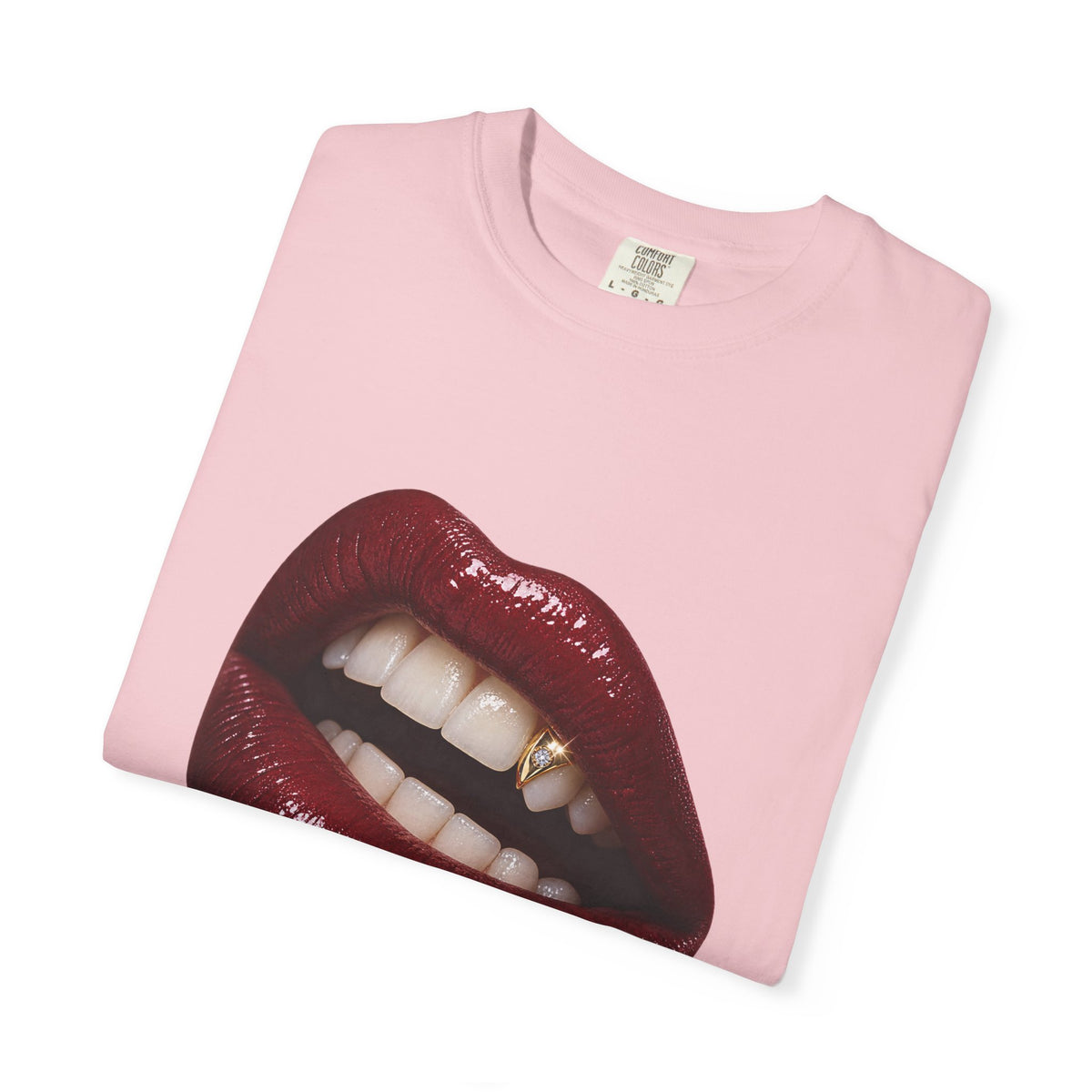 Burgundy Kiss Graphic Tee – Glossy Lips & Gold Tooth Print – Comfort Colors 1717