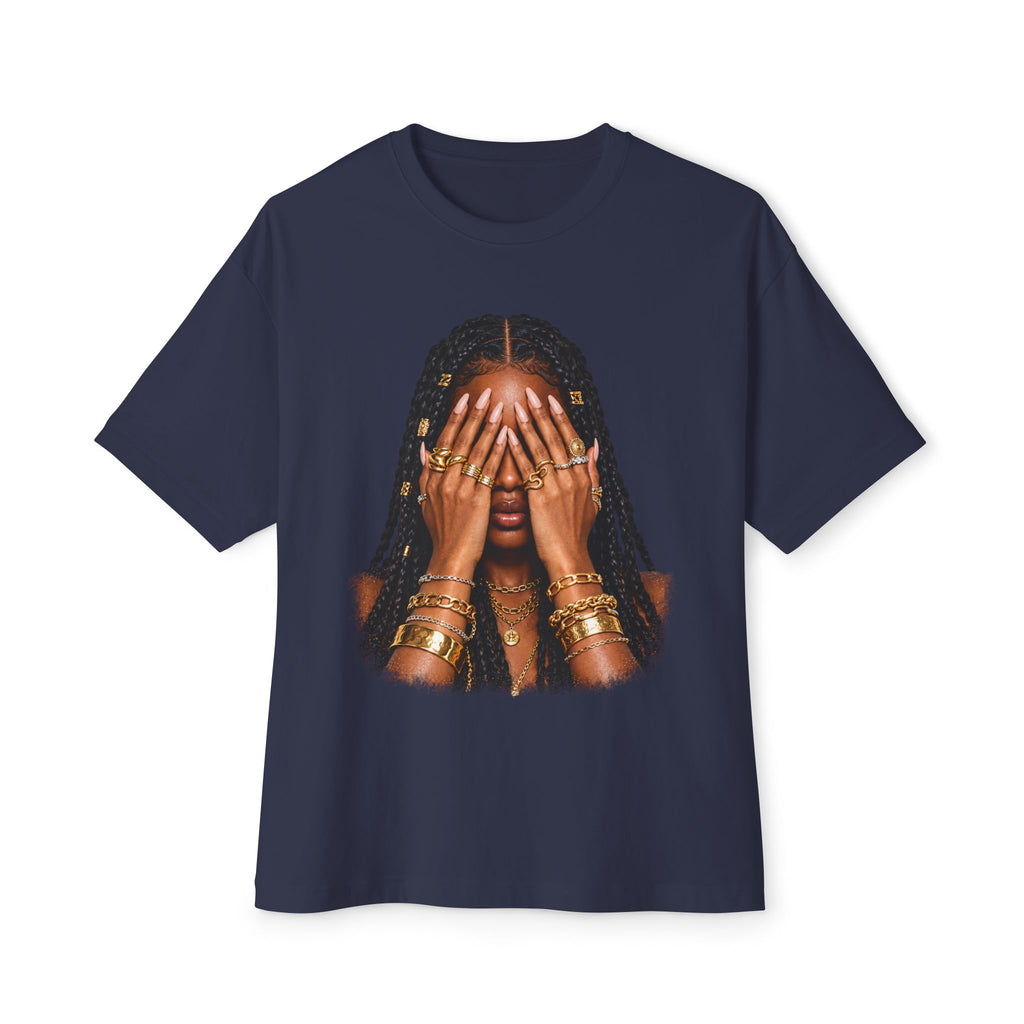 Golden Confidence Oversized Graphic Tee – Braided Woman & Gold Jewelry Print