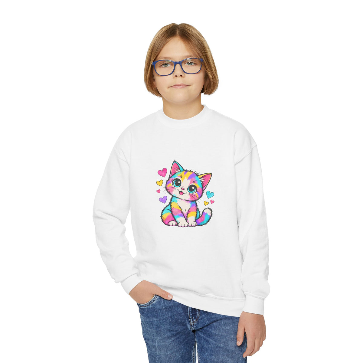 Cute Pop Art Kitten Kids Sweatshirt – Colorful Cat & Hearts