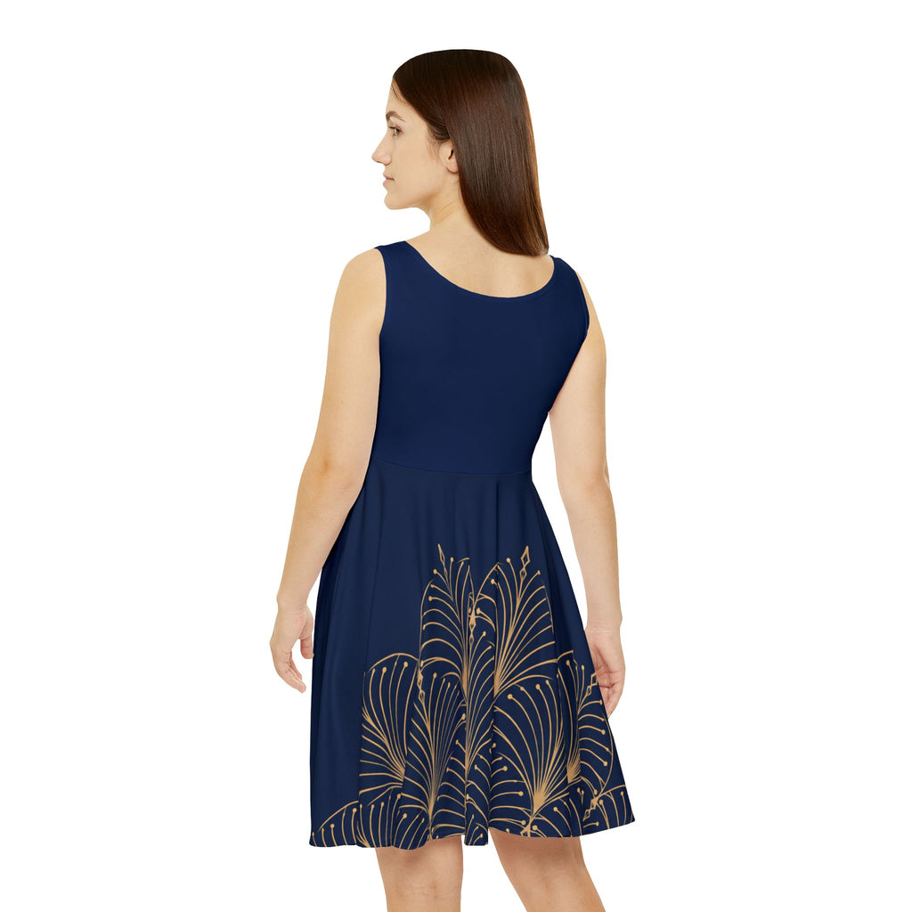 Midnight Navy Art Deco Skater Dress – Champagne Print
