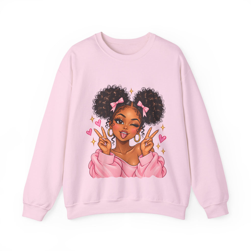 Playful Afro Girl Sweatshirt – Pink Bows & Peace Signs – Adult Crewneck