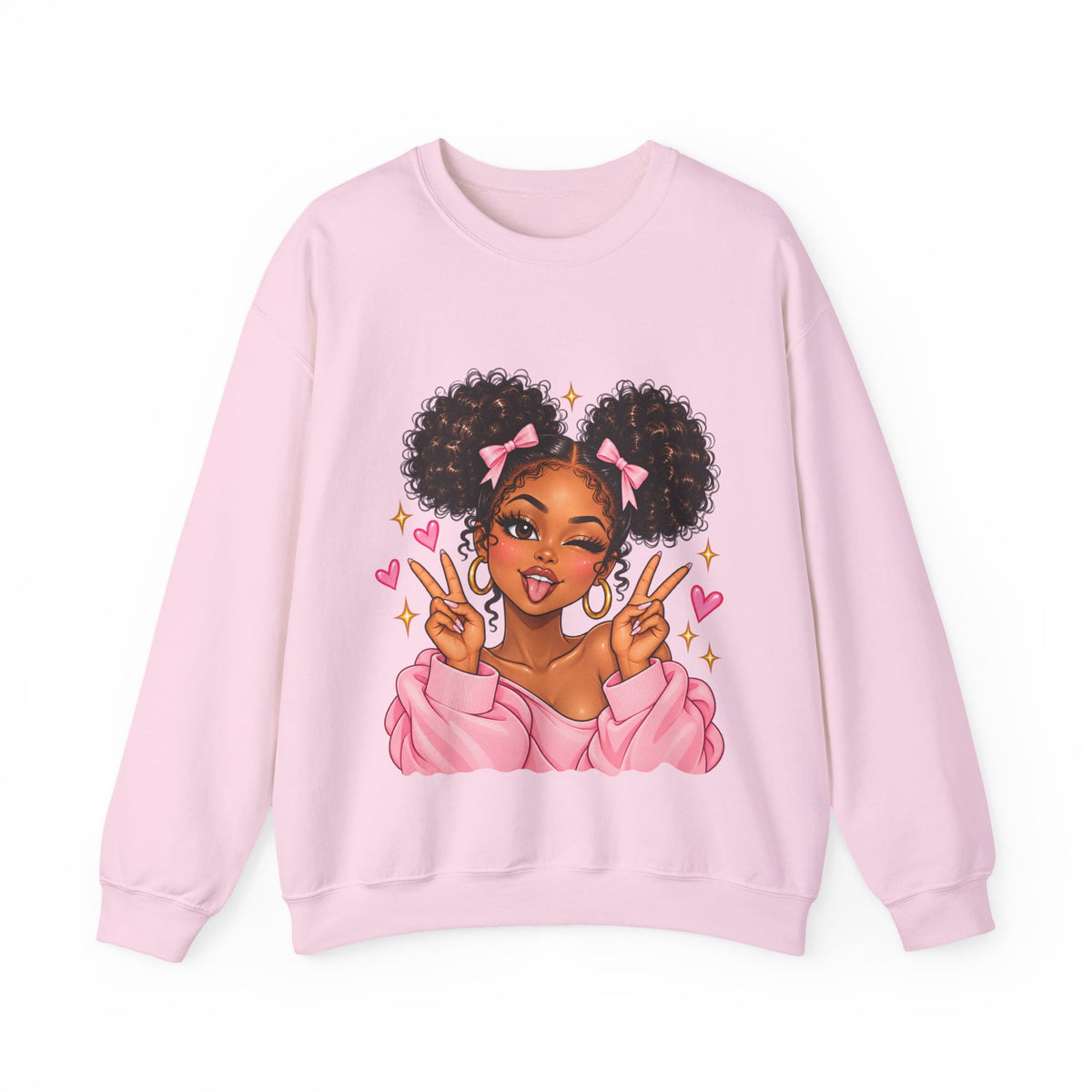 Playful Afro Girl Sweatshirt – Pink Bows & Peace Signs – Adult Crewneck