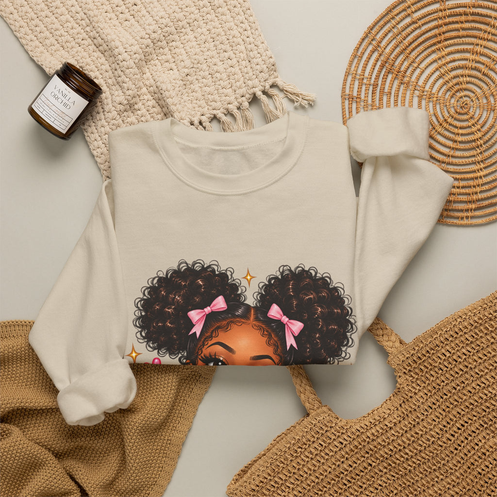 Playful Afro Girl Sweatshirt – Pink Bows & Peace Signs – Adult Crewneck