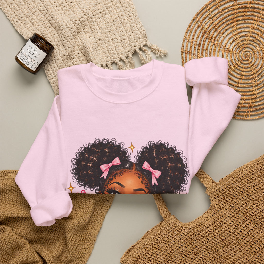 Playful Afro Girl Sweatshirt – Pink Bows & Peace Signs – Adult Crewneck