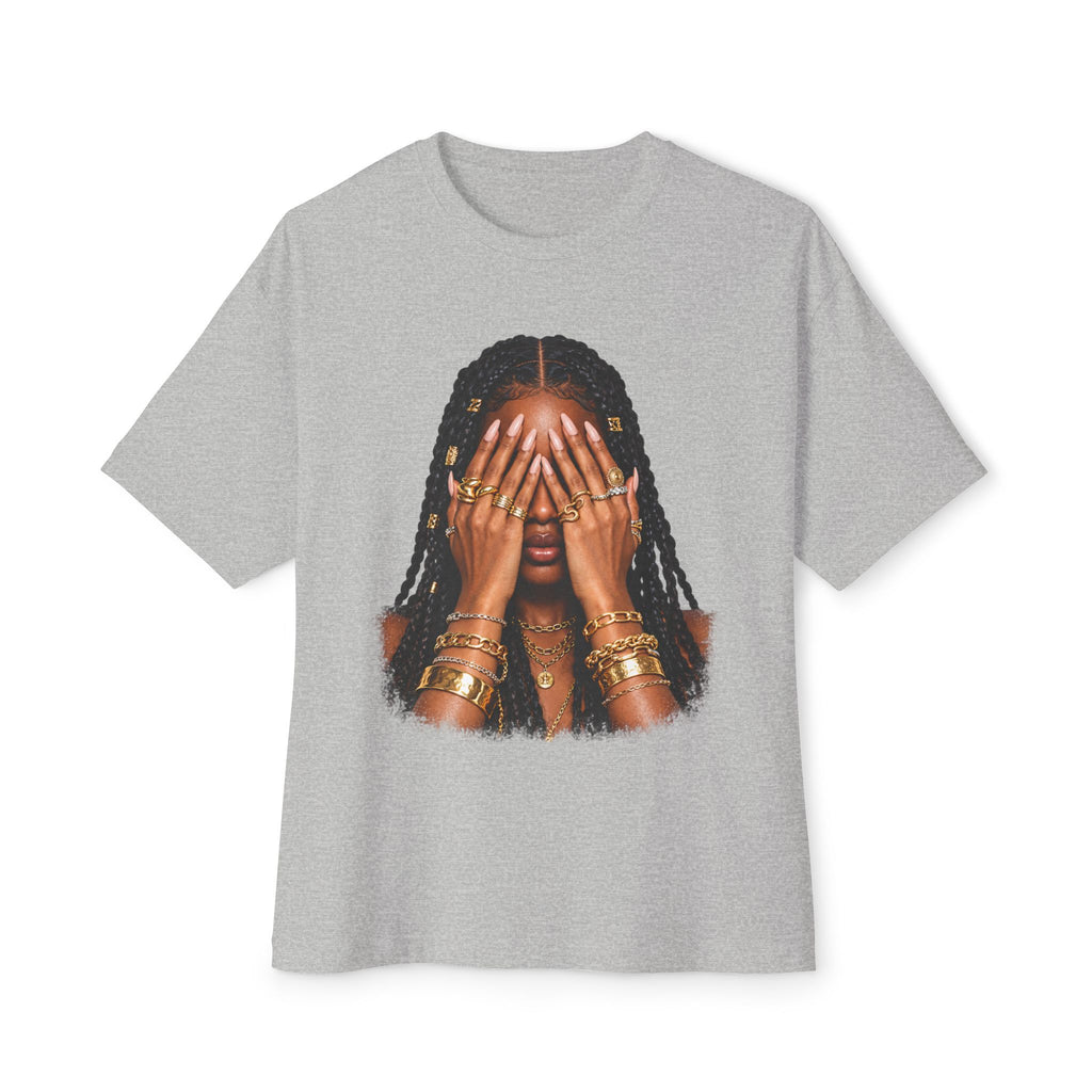 Golden Confidence Oversized Graphic Tee – Braided Woman & Gold Jewelry Print