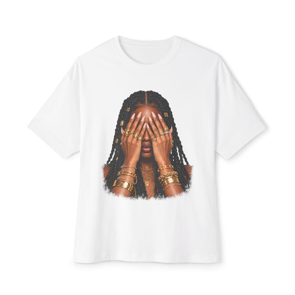 Golden Confidence Oversized Graphic Tee – Braided Woman & Gold Jewelry Print