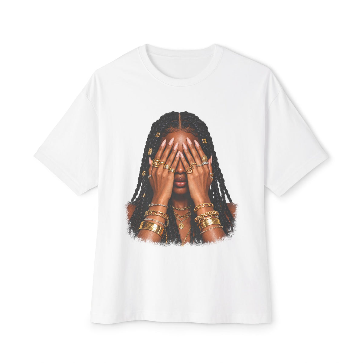 Golden Confidence Oversized Graphic Tee – Braided Woman & Gold Jewelry Print