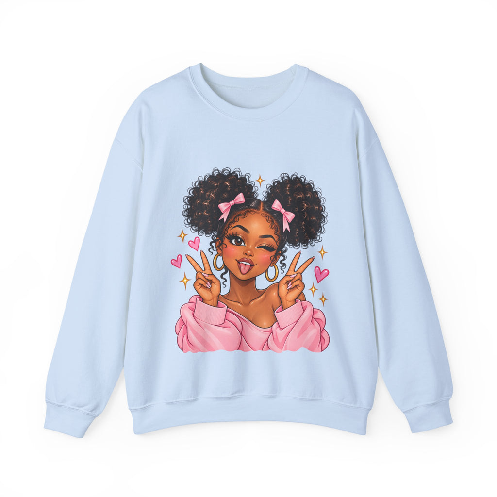 Playful Afro Girl Sweatshirt – Pink Bows & Peace Signs – Adult Crewneck