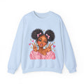 Playful Afro Girl Sweatshirt – Pink Bows & Peace Signs – Adult Crewneck
