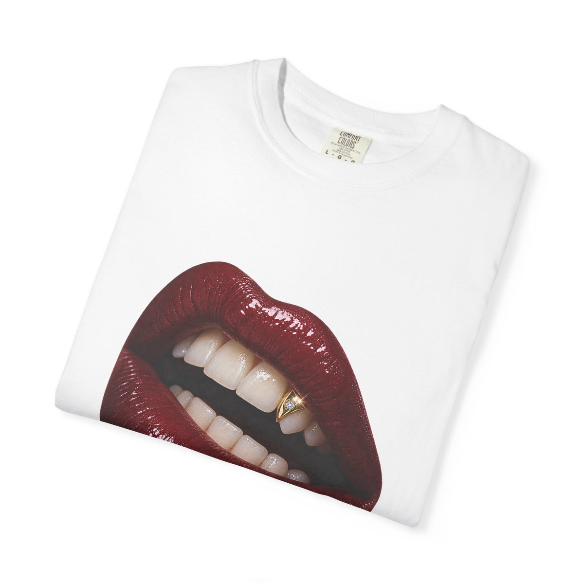 Burgundy Kiss Graphic Tee – Glossy Lips & Gold Tooth Print – Comfort Colors 1717