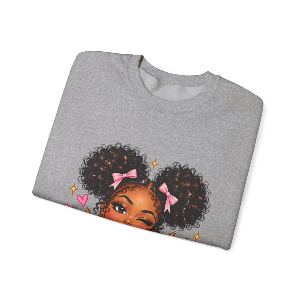 Playful Afro Girl Sweatshirt – Pink Bows & Peace Signs – Adult Crewneck
