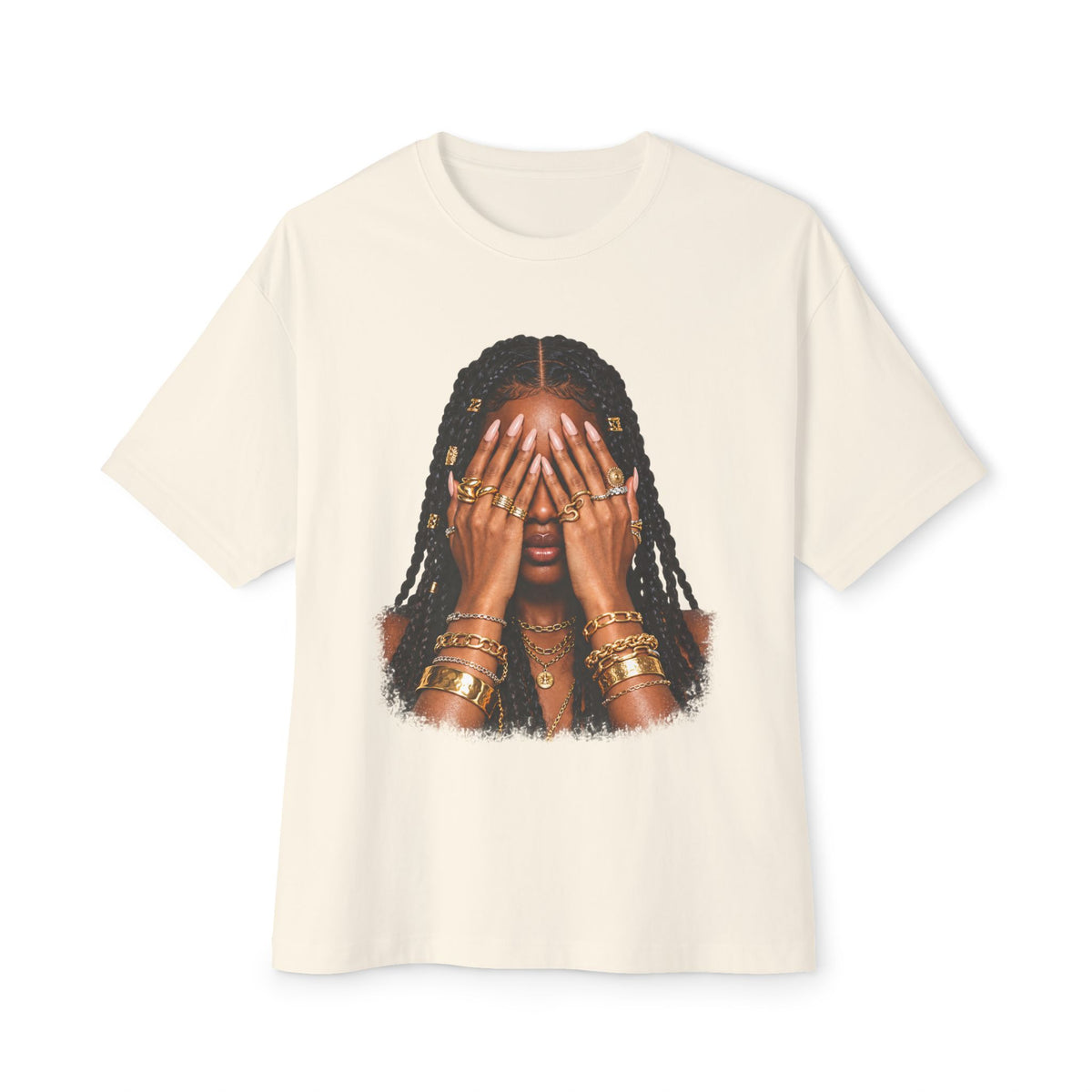 Golden Confidence Oversized Graphic Tee – Braided Woman & Gold Jewelry Print