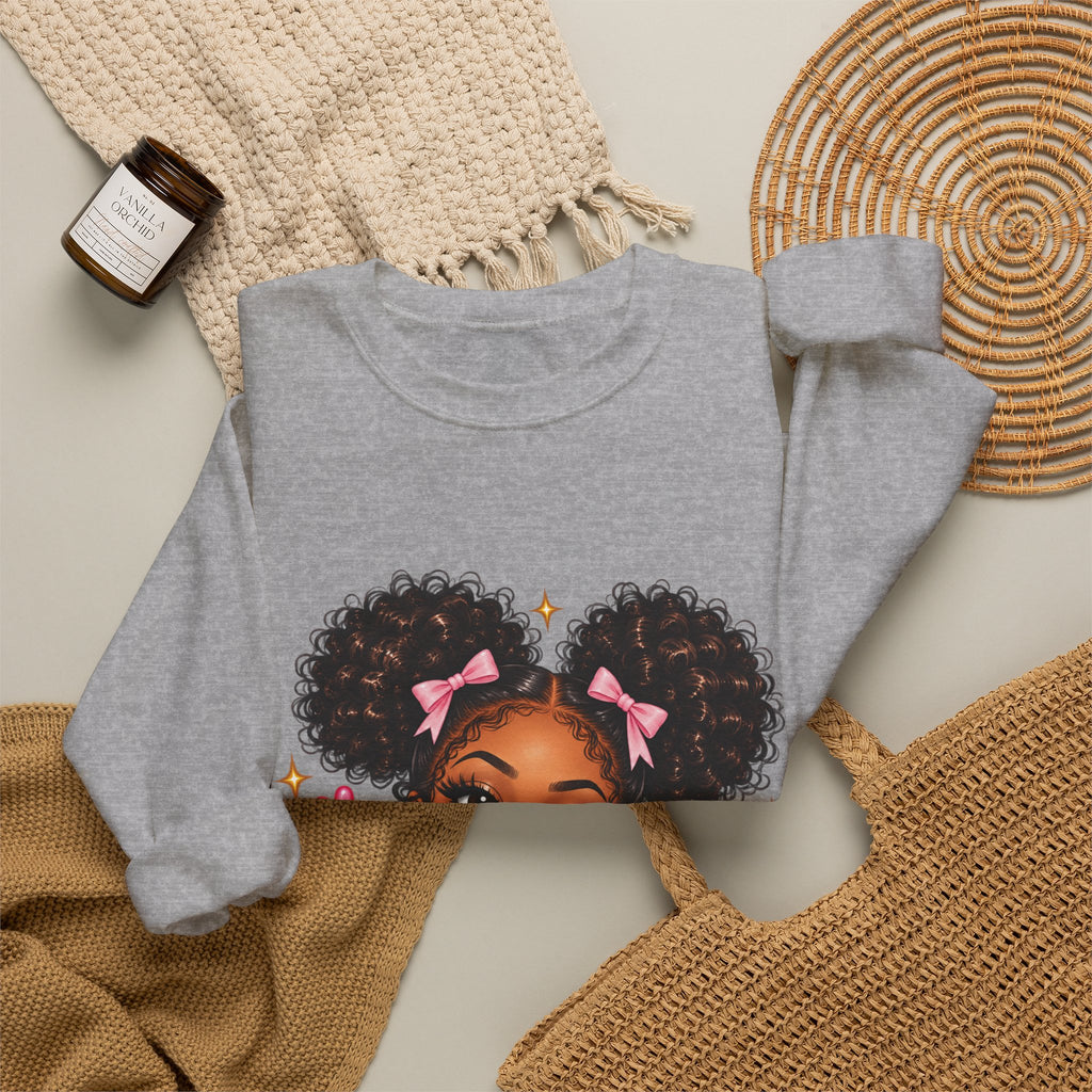 Playful Afro Girl Sweatshirt – Pink Bows & Peace Signs – Adult Crewneck