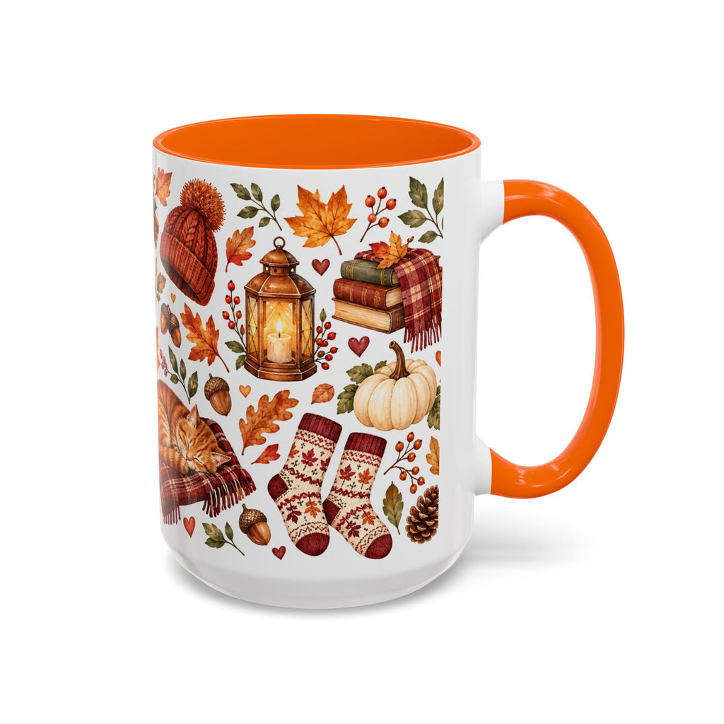 Cozy Autumn Coffee Mug – Sleeping Cat, Books & Fall Leaves, 15oz