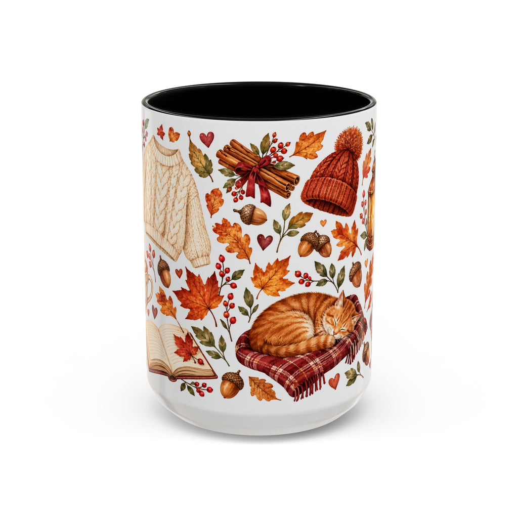 Cozy Autumn Coffee Mug – Sleeping Cat, Books & Fall Leaves, 15oz