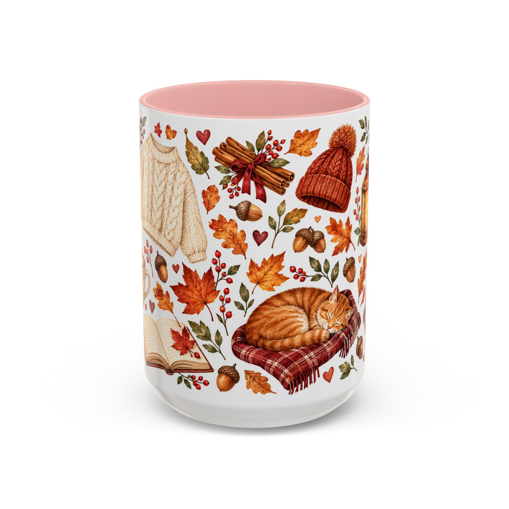 Cozy Autumn Coffee Mug – Sleeping Cat, Books & Fall Leaves, 15oz