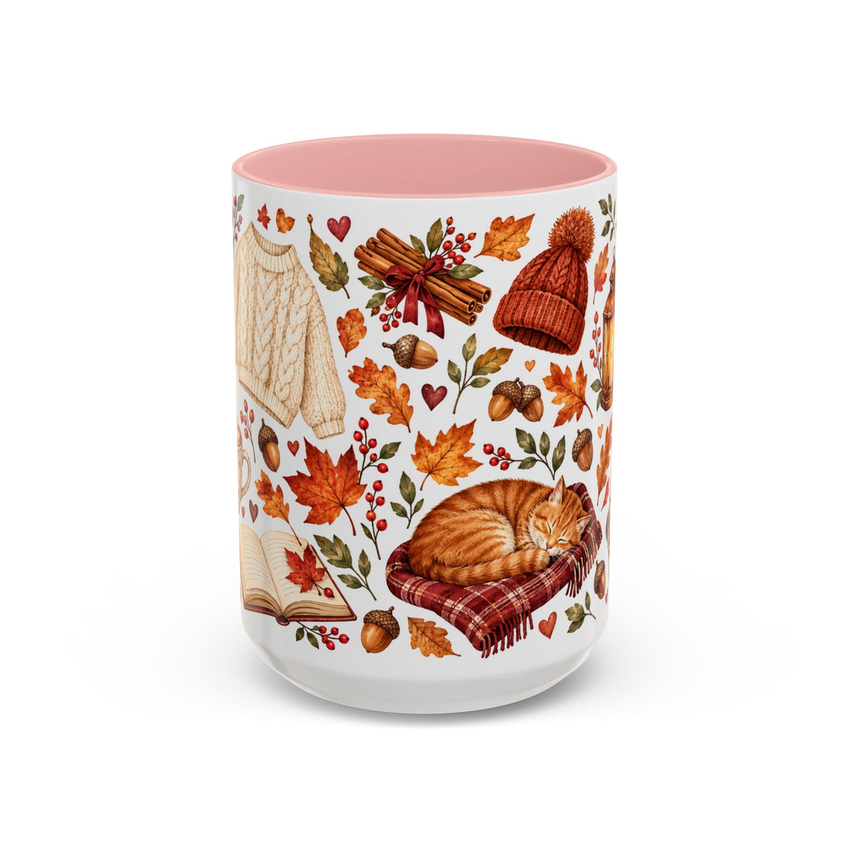 Cozy Autumn Coffee Mug – Sleeping Cat, Books & Fall Leaves, 15oz